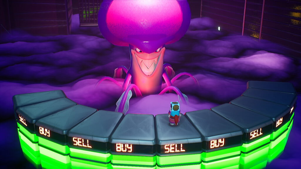 girl standing in front of brainy tentacle monster