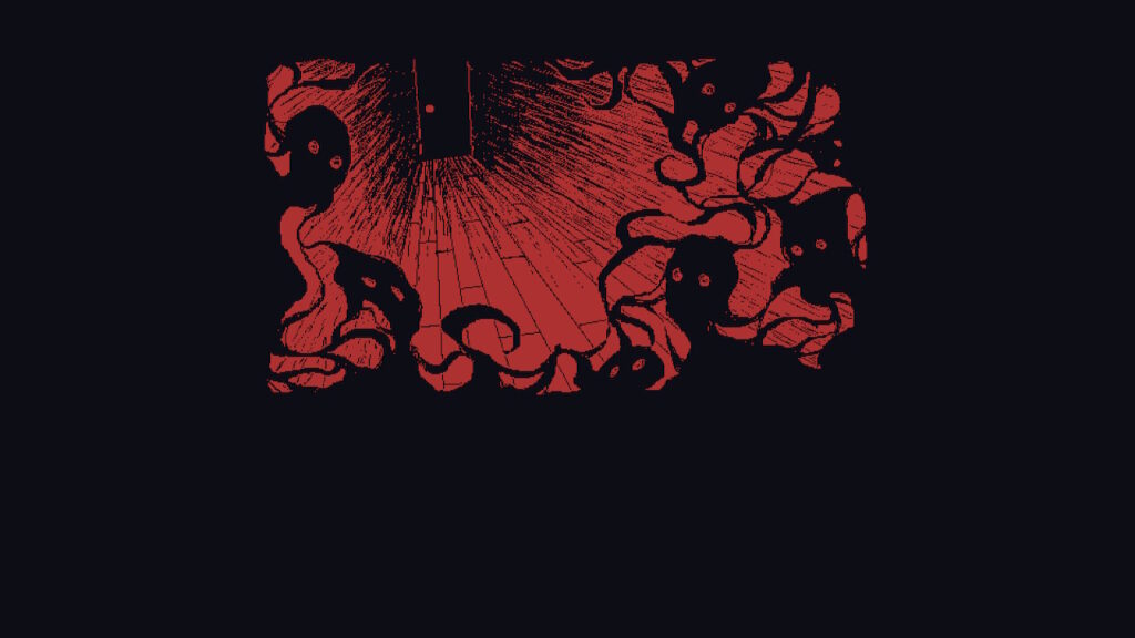 shadowy faces looking at a door