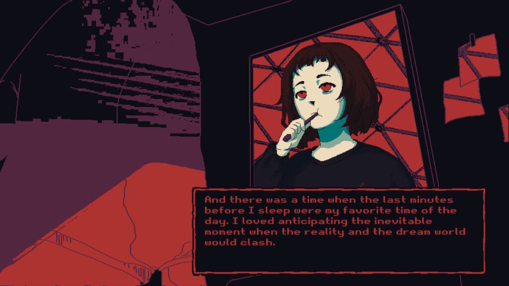 girl brushing her teeth and talking about her sleeping habits in a dark bedroom