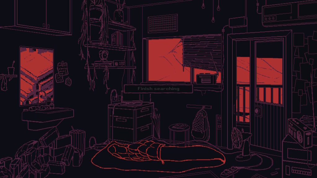 The room of the main character fitted with a sleeping bag, school bags, and even a laptop