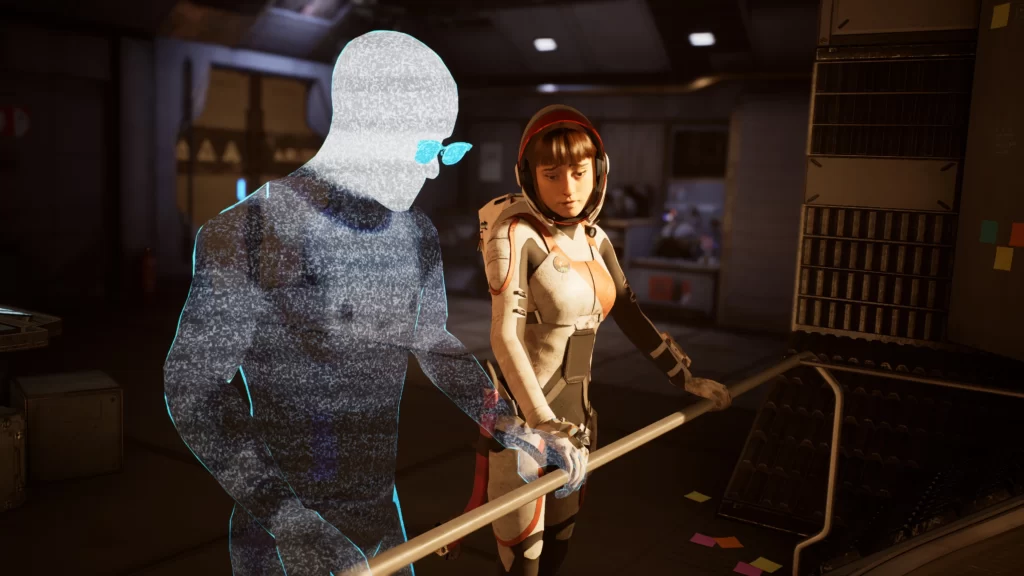 Holograms found throughout help to unveil the games story.