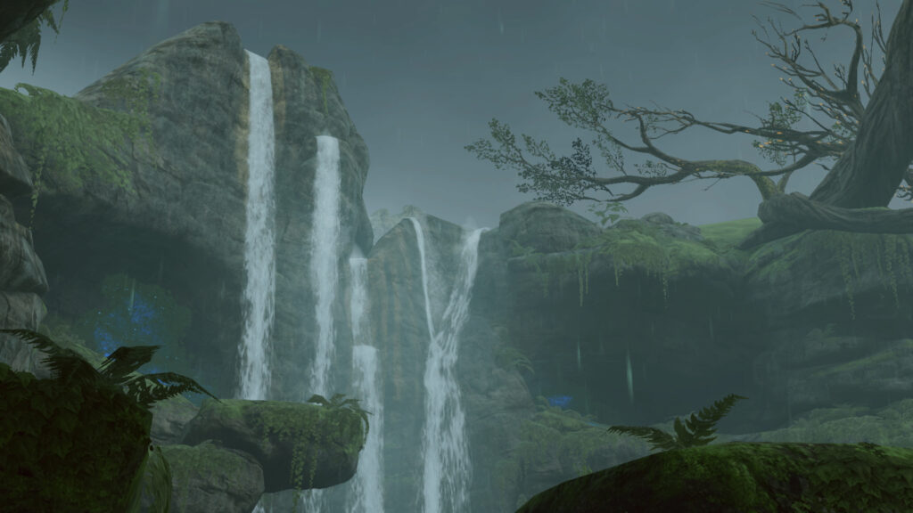Waterfall flowing down a beautiful green cliff edge.