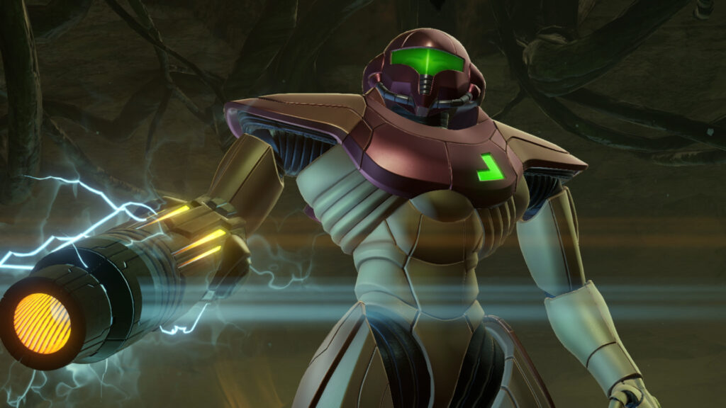 Samus standing tall with electricity sparking from her cannon.