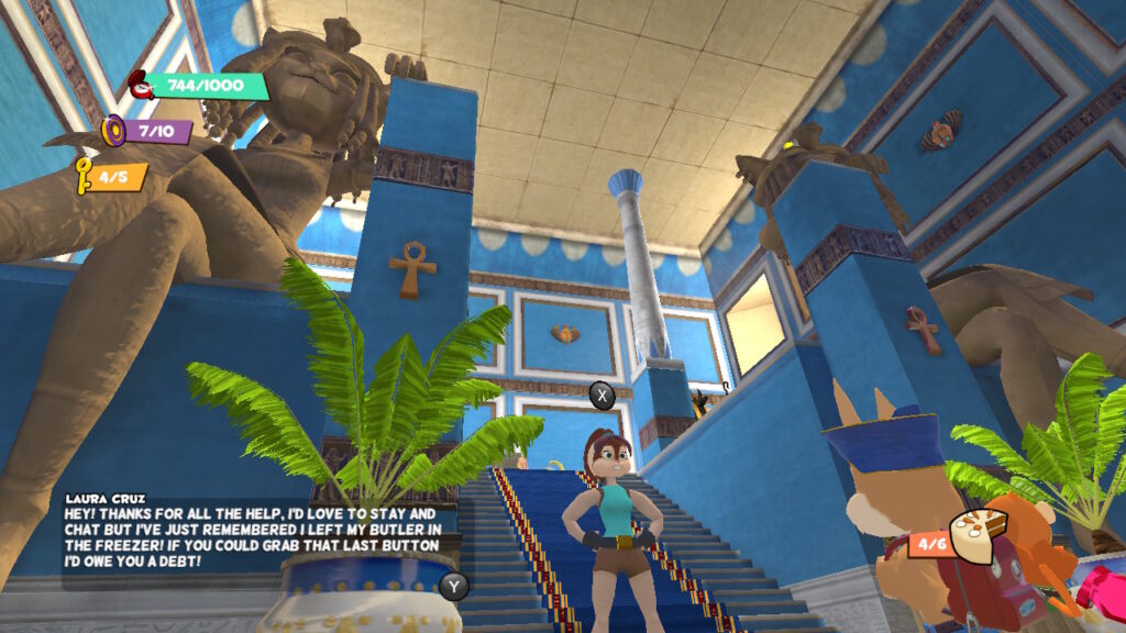 A rabbit is dressed in Laura Croft's signature blue shirt and grey shorts
