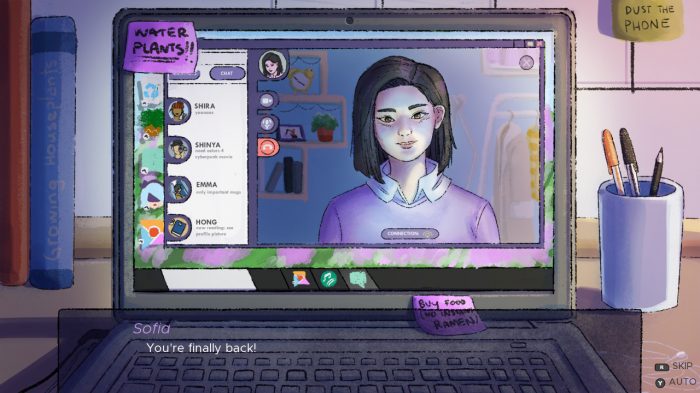 A computer screen with a smiley girls face can be seen. It is a video call with a friend. 