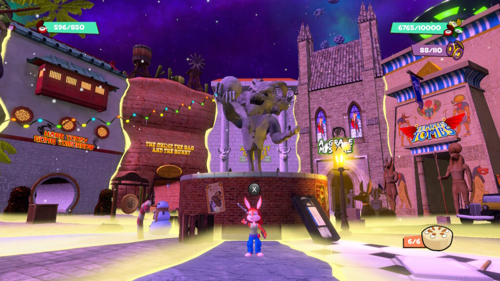 The game's hub shows a statue of Clive N Wrench's antagnoist Dr Daucus