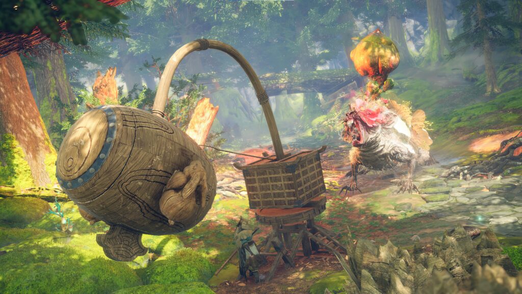 a wooden catapult gadget is set ready to spring at an enemy in the background