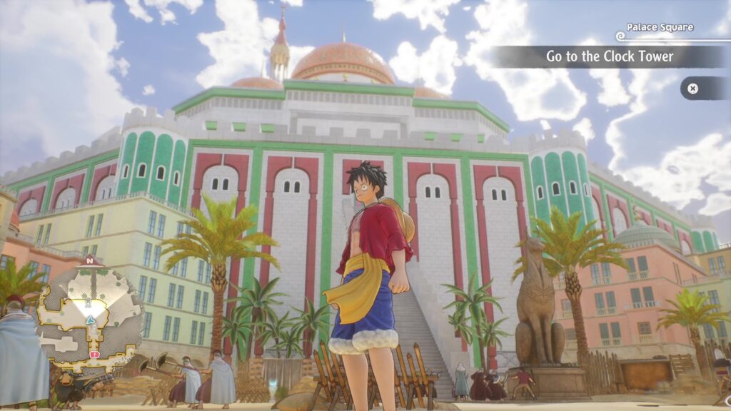 A character stands in front of an ornate building with palm trees at the entrance