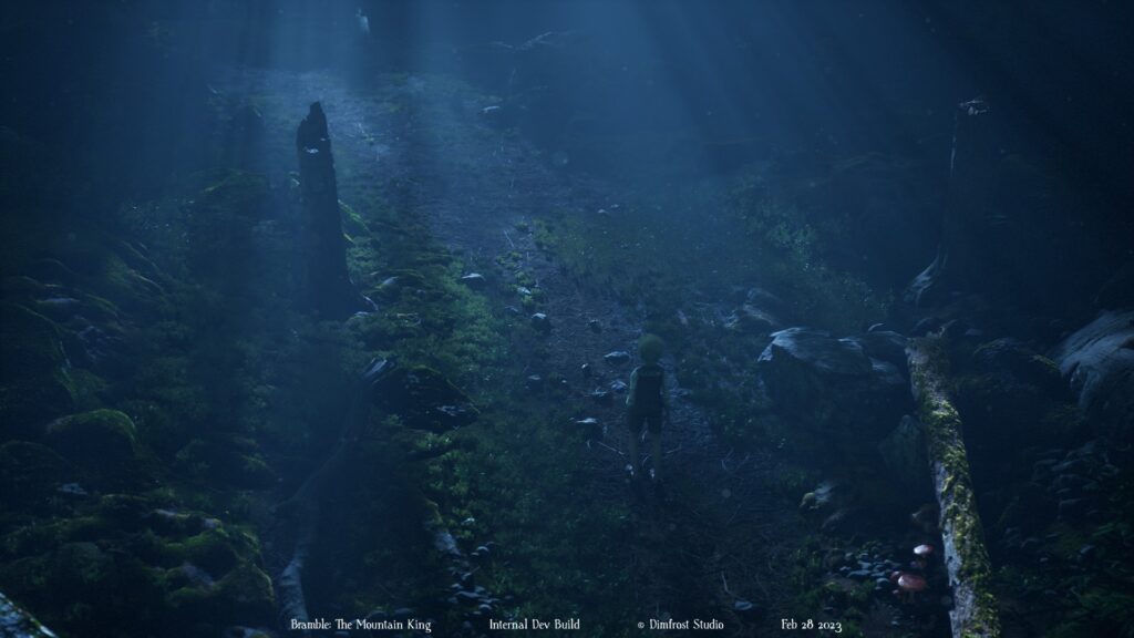 A small boy stands in a mossy forest as rays of moonlight shine down.
