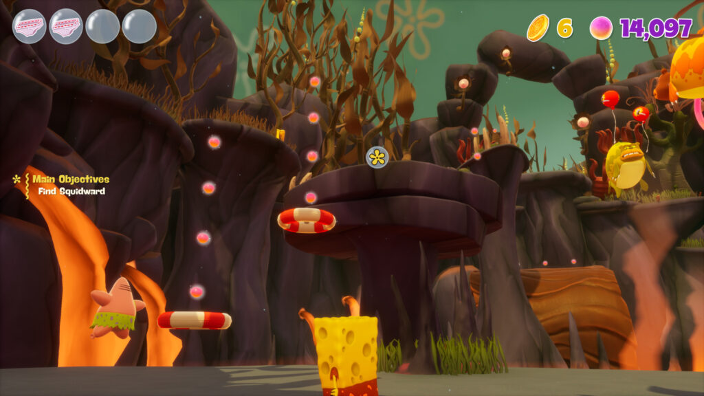 Perspective view of a series of jumps in a prehistoric themed realm.