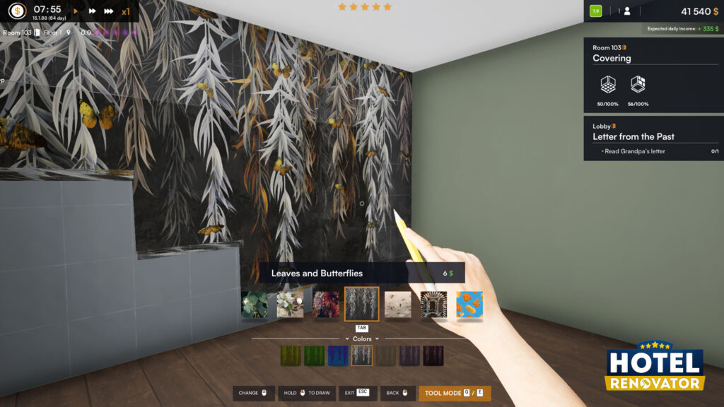 Wall textures and designs can liven up and space in Hotel Renovator.