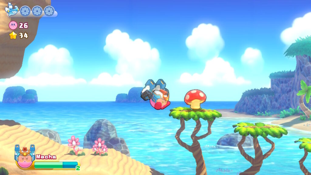 Kirby jumping with a beach themed background.