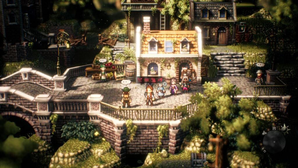 Townscape showing characters in an orderly line.