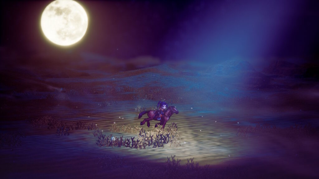 Horseback rider in a moonlight scene.