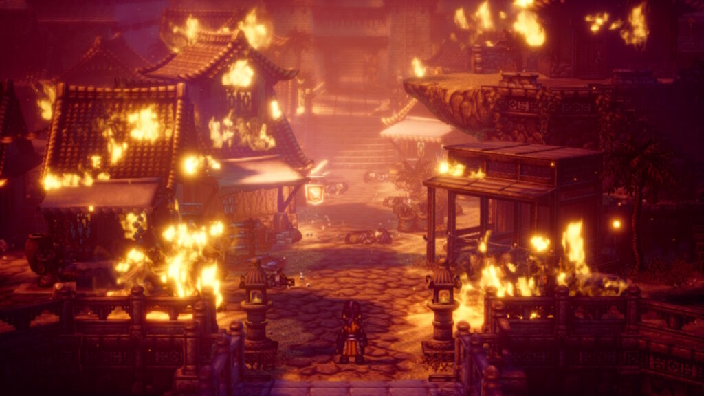Burning builders with a red smoky filter.