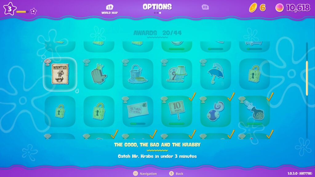 Overview screen showing the different unlockable awards in SpongeBob SquarePants: The Cosmic Shake.
