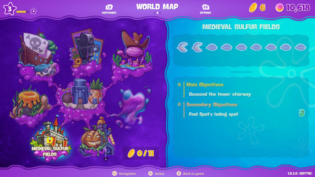 Pause menu showing objectives and world overview for SpongeBob SquarePants: The Cosmic Shake