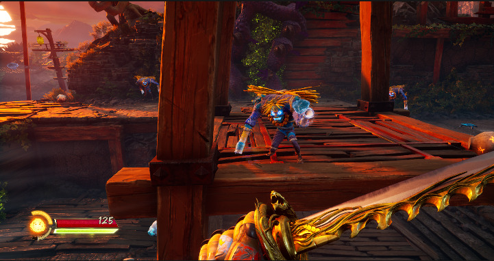 Man with katana facing a blue enemy