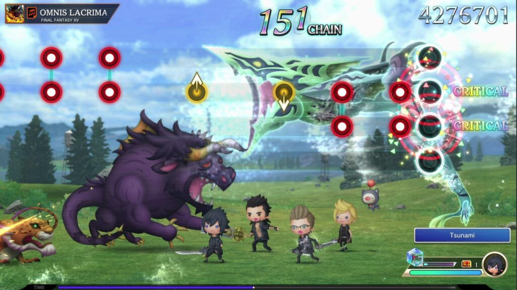 Theatrhythm Final Bar Line Gameplay stage showing Final Fantasy XV characters