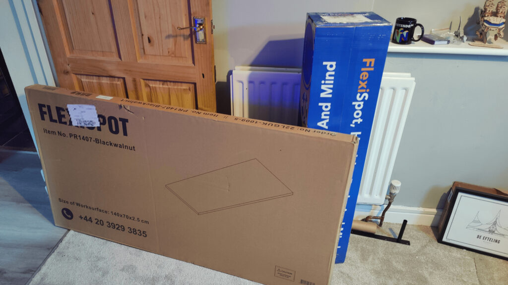 A room shows two cardboard boxes with the branding 'Flexispot' on them