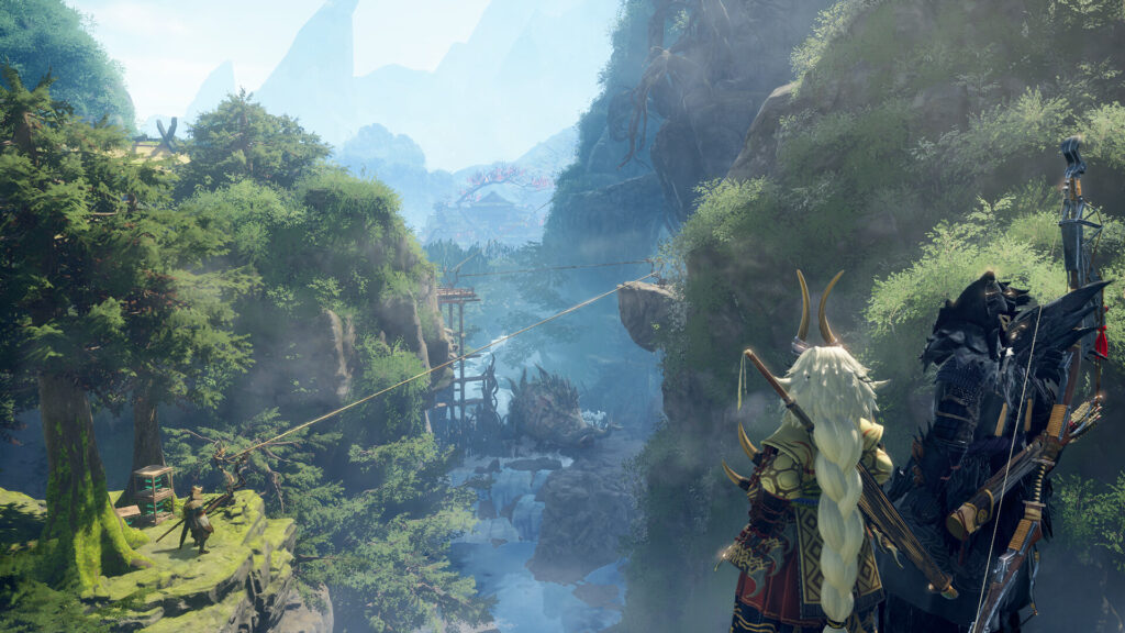 two characters stand on a higher part of a green and rocky cliff looking down at two more characters lower down on the other side of the cliff