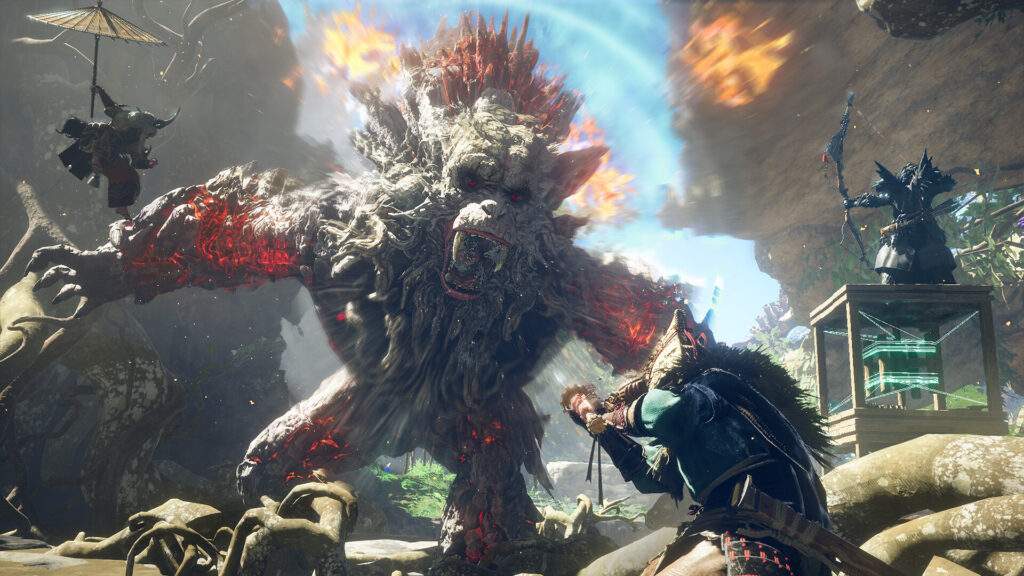 In the foreground a character faces off against an enormous beast approaching from the back of the image