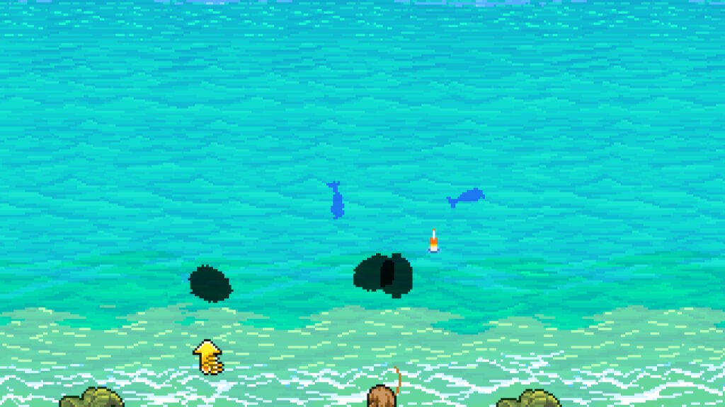 the line has been cast and five fish surround the bobber. two of them are blue and three of them are black
