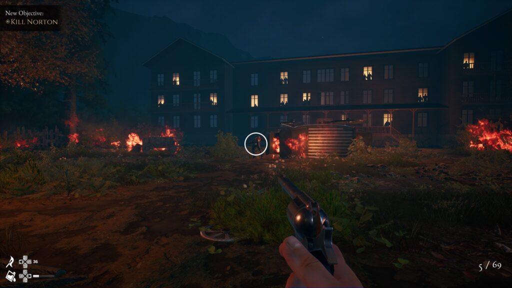 Burning hotel as a boss fight backdrop in The Beast Inside