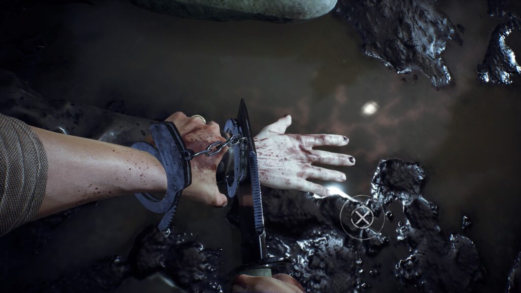 Scene of a main character cutting himself free from handcuffs in The Beast Inside horror game.