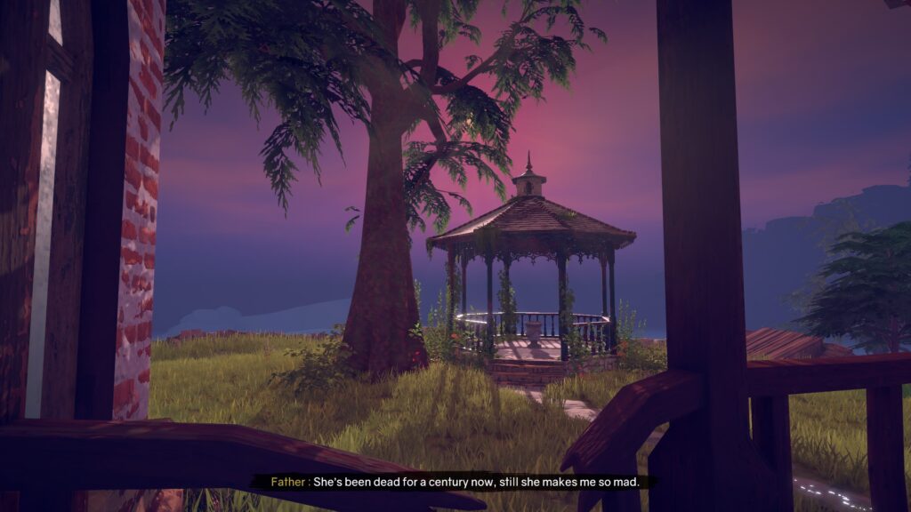 a sunset sky with a pergola in the background beside a tree and the side of a house in the foreground with the text: Father: She's been dead for a century now, still she makes me so mad.