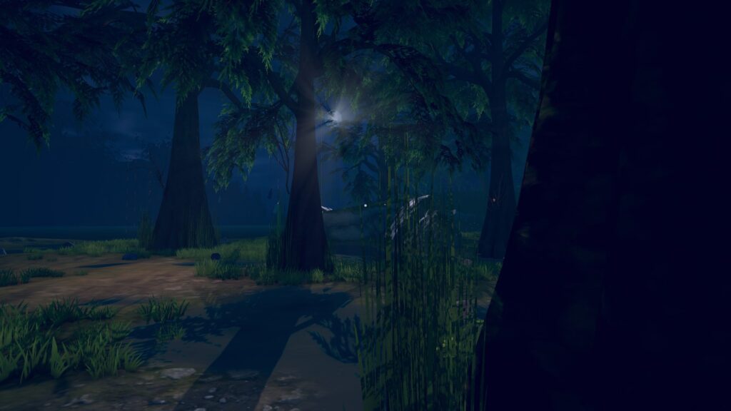 a night scene with the moon visible through trees