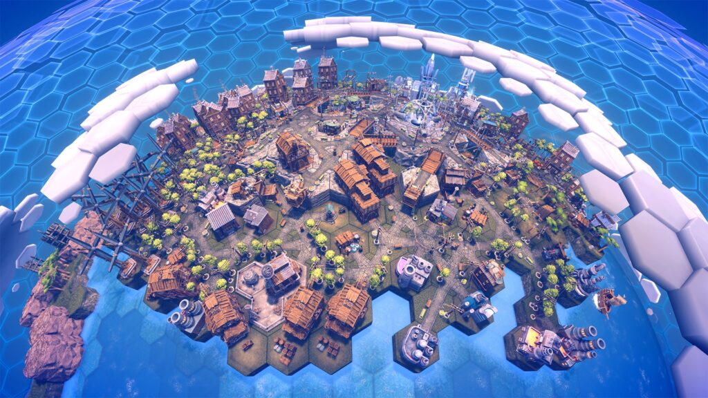 An over head view of your parcel of land on your planet, which has been built up again after the apolcalypse.