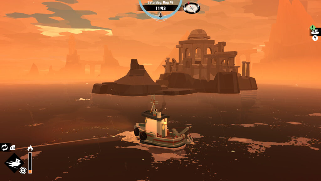 Sunset scene showing the Dredge boat and an island of ruins in the background.