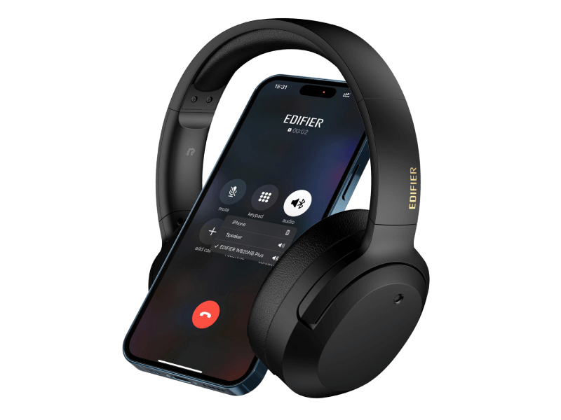 Edifier W820NB Plus Headphones pictured with a mobiel phone showcasing their call-taking capabilities