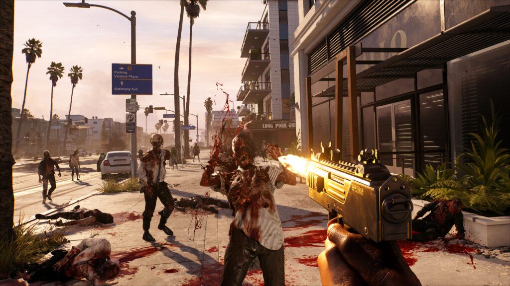 Dead Island 2 Review - Player shooting SMG at point blank range