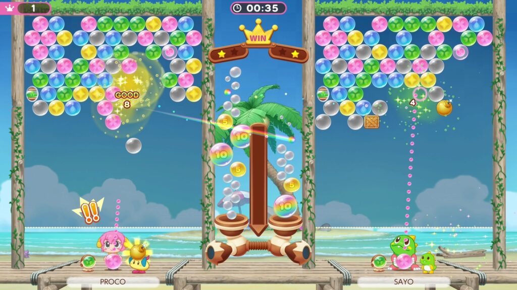 Game play screen for Puzzle Bobble Everybubble! with a beach background