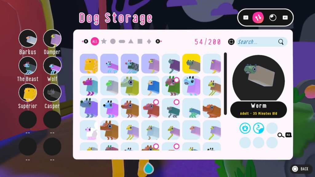 An in-game screenshot from Wobbledogs on PlayStation 4 showing the in-game storage system for Wobbledogs, with 54 of 200 slots filled.