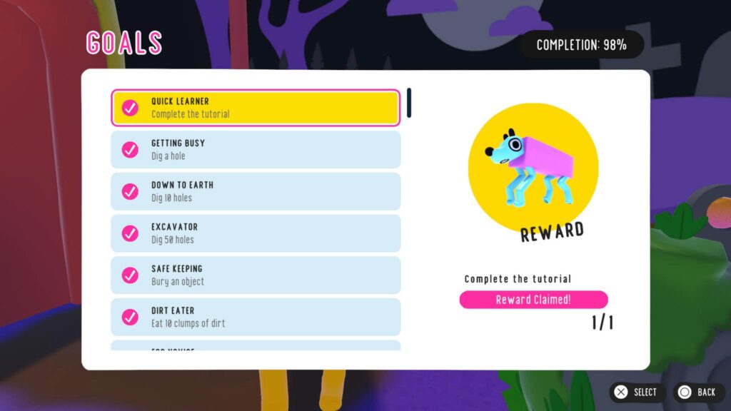 An in-game screenshot from Wobbledogs on PlayStation 4 showing the Goals menu, with all visible tasks (including "Quick Learner", "Getting Busy", "Down to Earth" and "Excavator") marked as completed, and their rewards claimed.