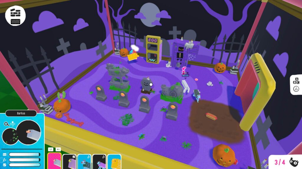 An in-game screenshot from Wobbledogs on PlayStation 4 showing three Wobbledogs inhabiting a graveyard-themed room.