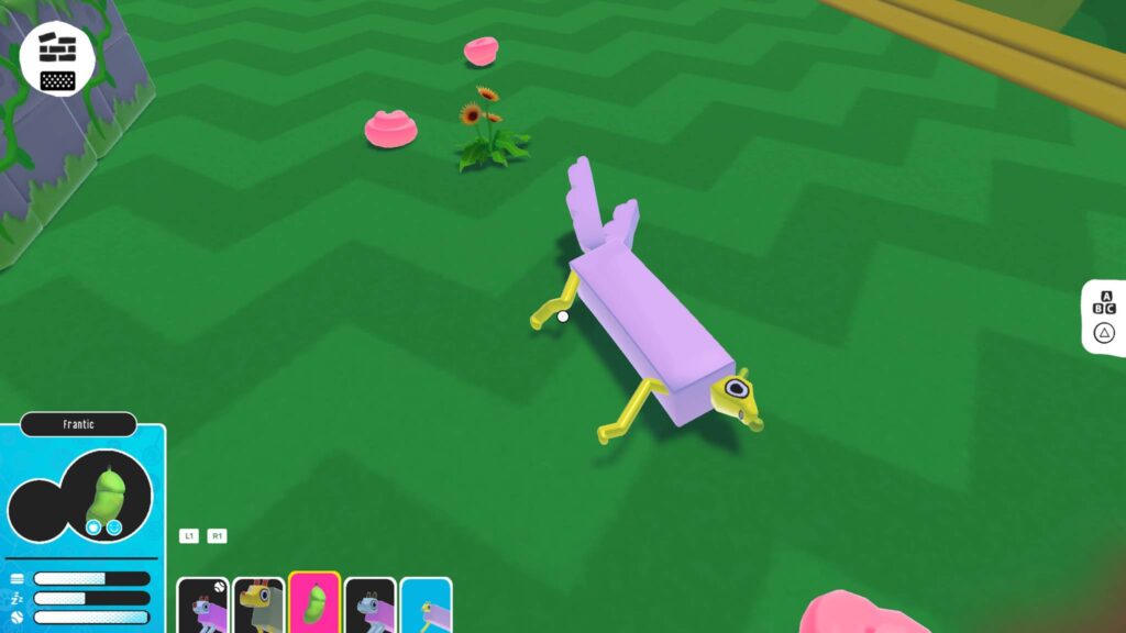 An in-game screenshot from Wobbledogs on PlayStation 4 showing a purple Wobbledog with two legs and two tails lying on grass.
