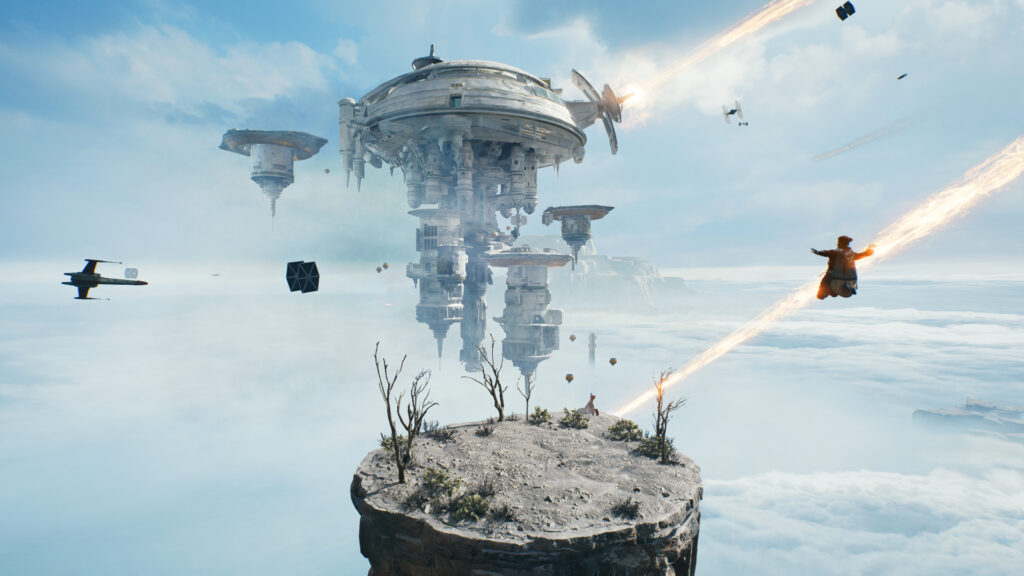 Platforms float across the sky as Cal jumps towards one of them