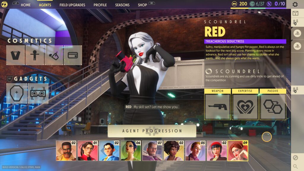 Preview of the agents available to play as. One being called Red with a class called Scoundrel