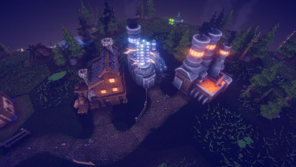 The bright lights of future buildings illuminate the village.