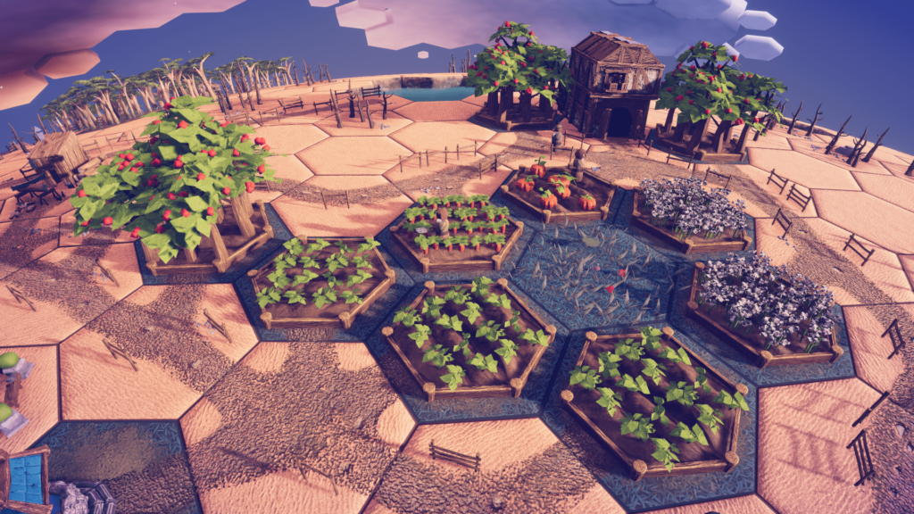 veg patches and fish ponds encompass this hex styled post apololypse world.