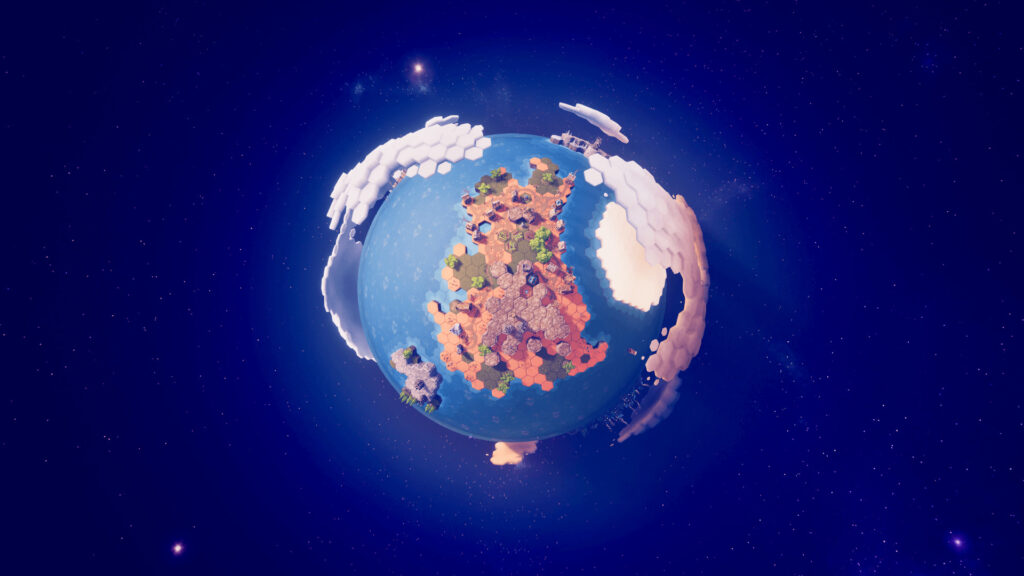 An overview of the hex filled earth with some civilisation and subtle clouds hovering above.