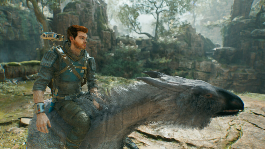 Cal rides a nekko, a bird-like creature
