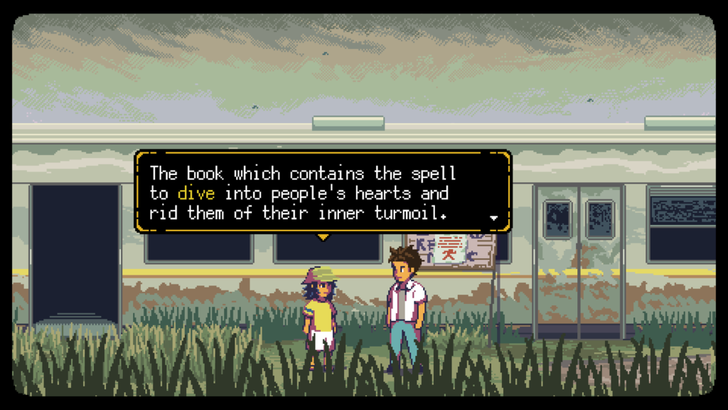 Learning to give into peoples minds with a broken down train carriage in the background.