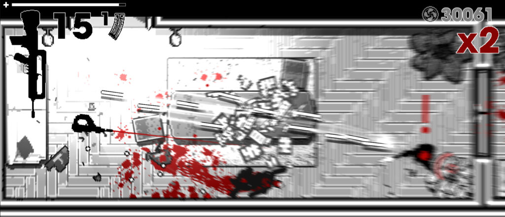 main character aiming towards the wall while an enemy fires bullets into the room