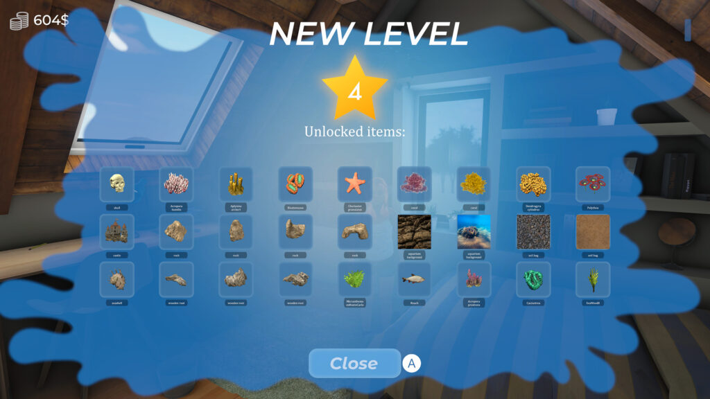 Overview screen showing unlockables following level completion in Aquarist.