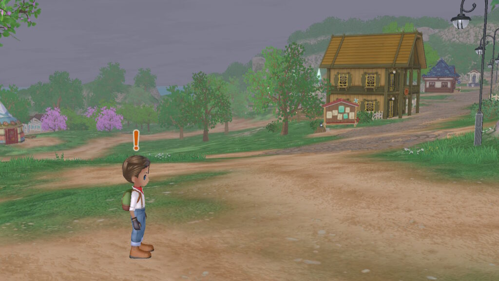 Woodland view with a house and noticeboard background.